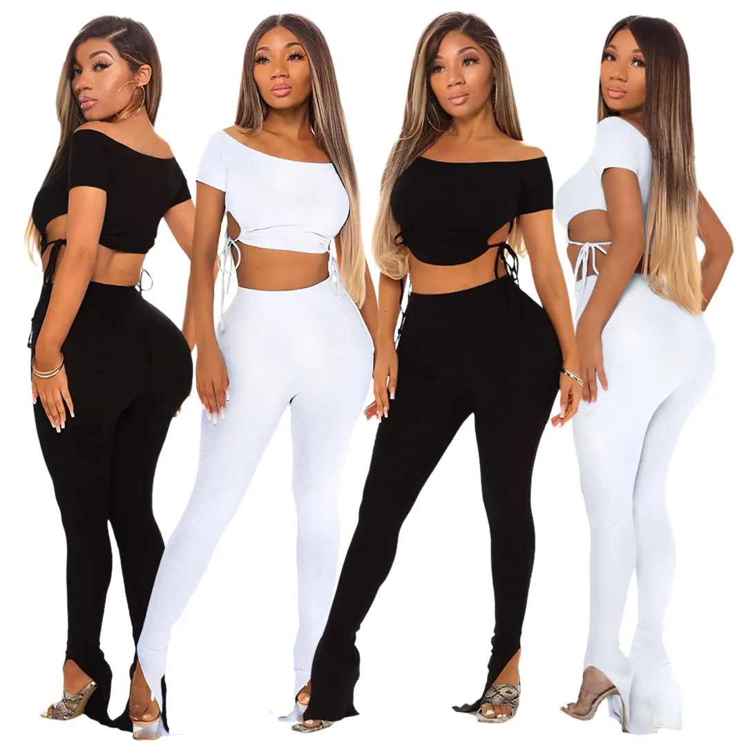 

GX6375 wholesale casual summer 2021 women clothing solid color sexy bodycon off shoulder two piece pants set, Picture