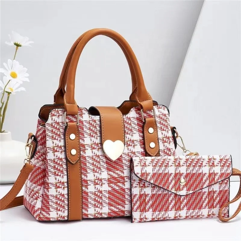 

the latest color contrast texture new women handbags set 2 pcs leather purse organizer insert for handbags, Beige coffee