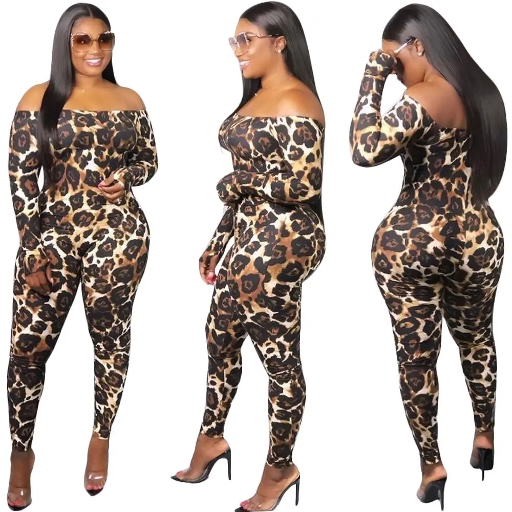 SA3672 women casual leopard off the shoulder long sleeve bandage jumpsuit