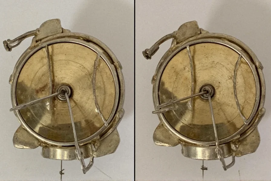 Close-up comparison of authentic Beau Mac mill mechanism versus imitation showing differences in metal quality and construction