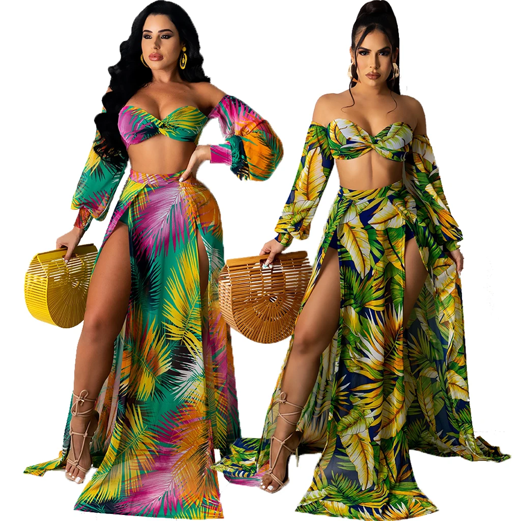 

long sleeve split women skirt two piece sexy off shoulder two piece skirt and crop top