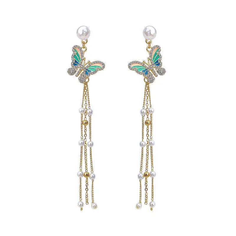 

Lovely Butterfly Tassel Earrings Diamond Butterfly Pearl Tassel Earrings, As the picture