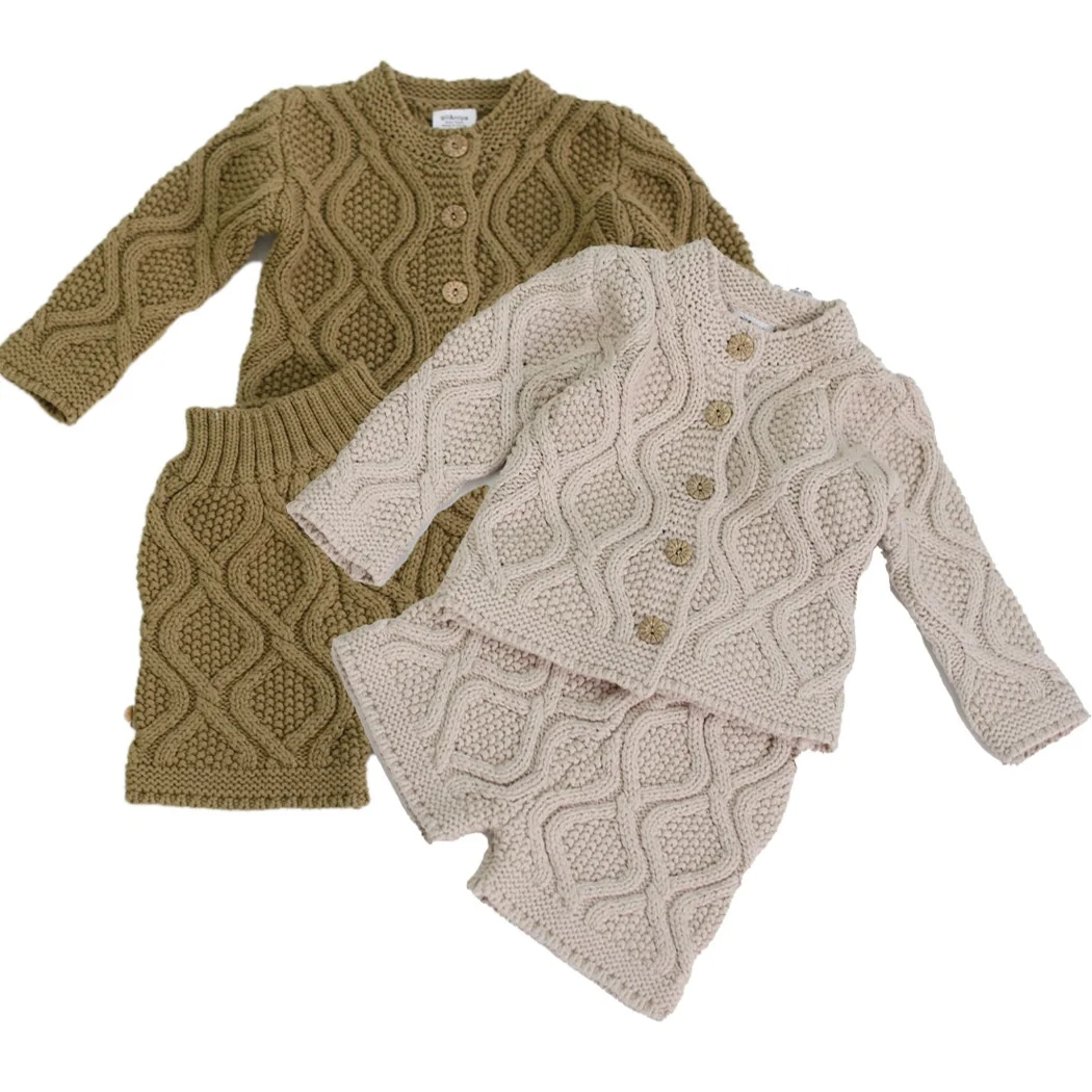 

B63471A Hot seller for boys and girls knitted cotton long-sleeved sweater cardigan shorts 2 sets, Beige/green