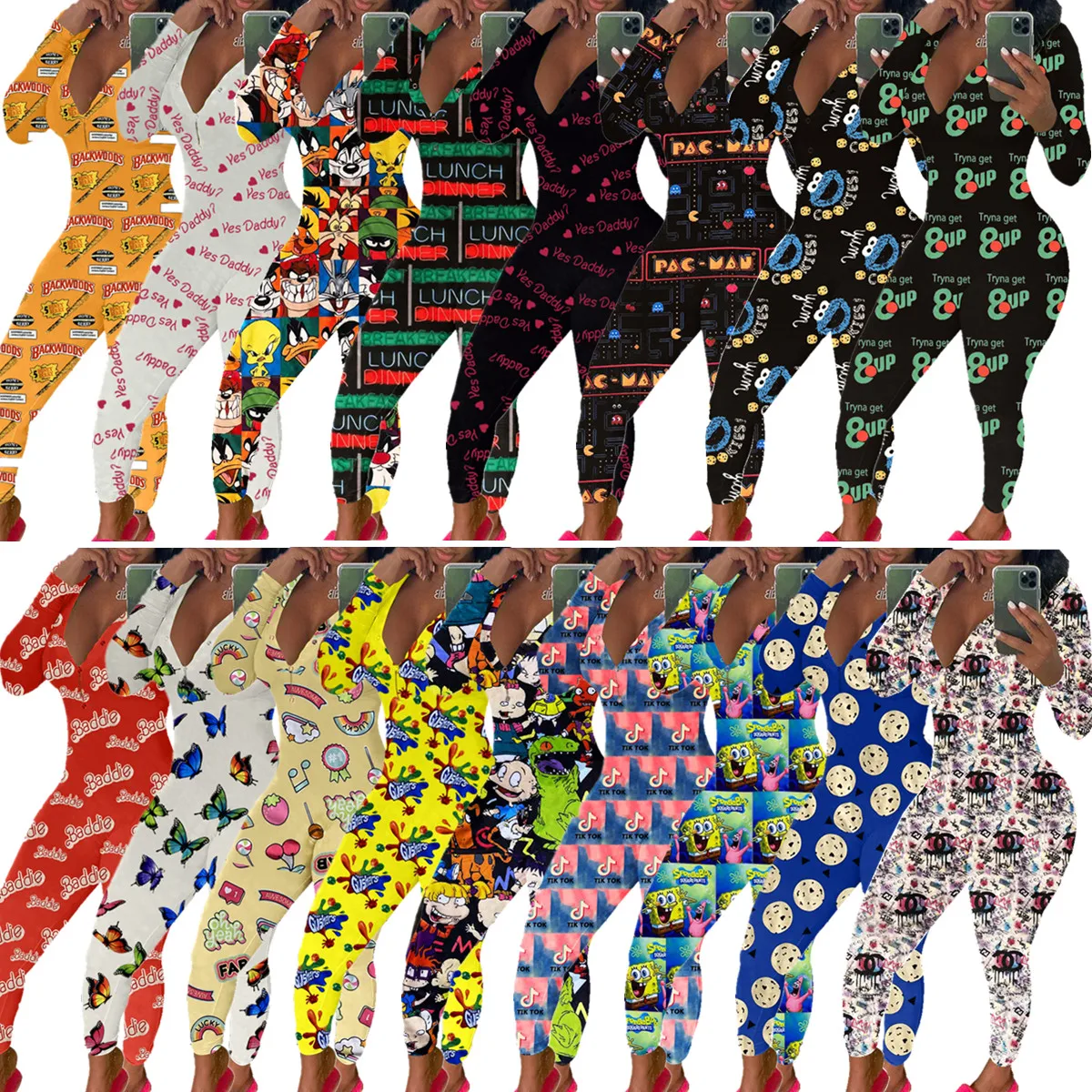 

New trendy snack label printed women onesie pajamas leisure wear women backwods jumpsuit, Picture shows