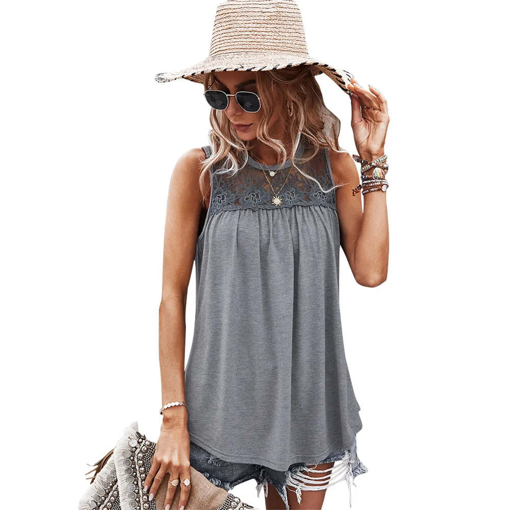 

In Stock 2021 Summer Women Sleeveless Lace T-shirt Blouses Ladies Casual Tops Blouse