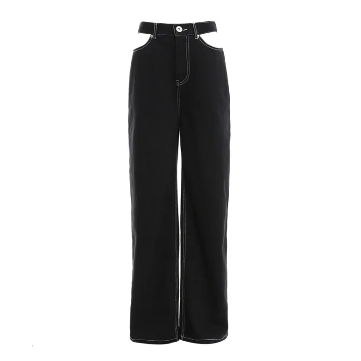 

High Street Trousers Hole Low Waist Denim Straight Leg Pants Casual Black Jeans Women