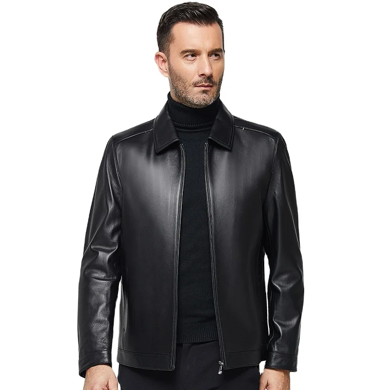 

Real Sheepskin Business jacket middle age men Spring Genuine leather Coat Fashionable Turn Down Collar Clothing Black Coffee, As the pictures