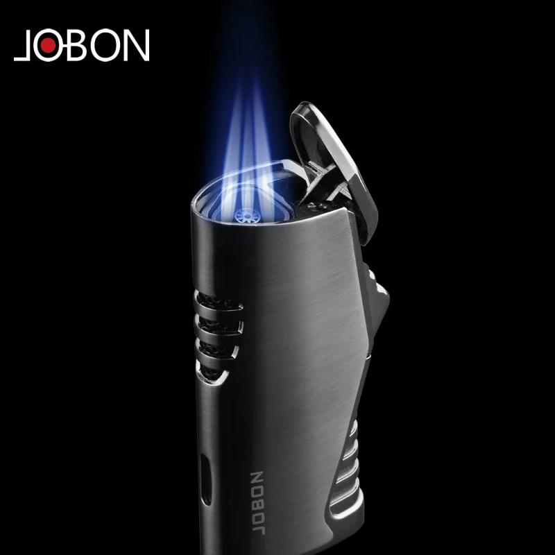 

JOBON cigar cigarette customized jet Triple Blue Flame Gas Butane Refillable metal smoke Custom logo torch Lighter