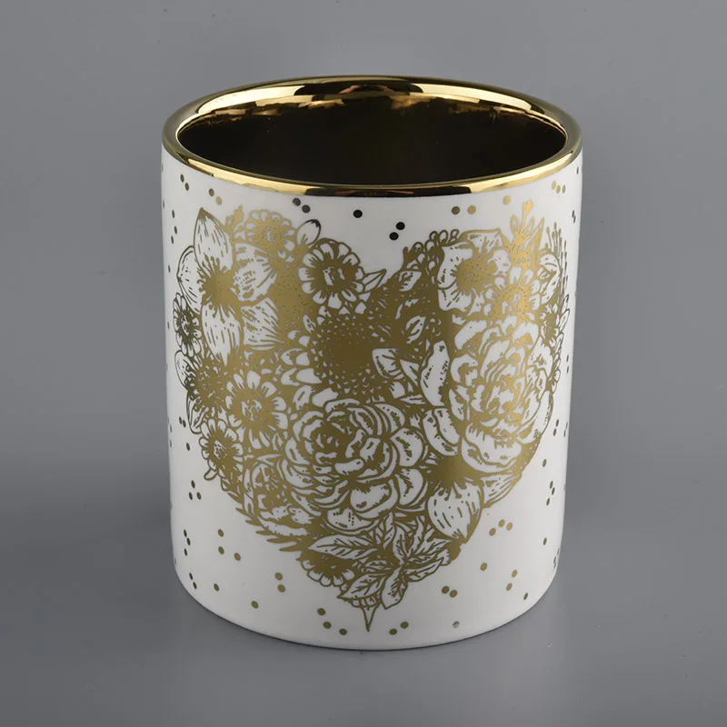 white cylinder ceramic candle jars with gold printing