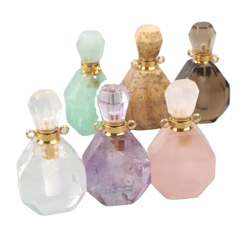 

Wholesale Custom Natural Stone Pink Heart Shaped Mini Rose Quartz Oil Necklace Crystal Perfume Bottle for gift