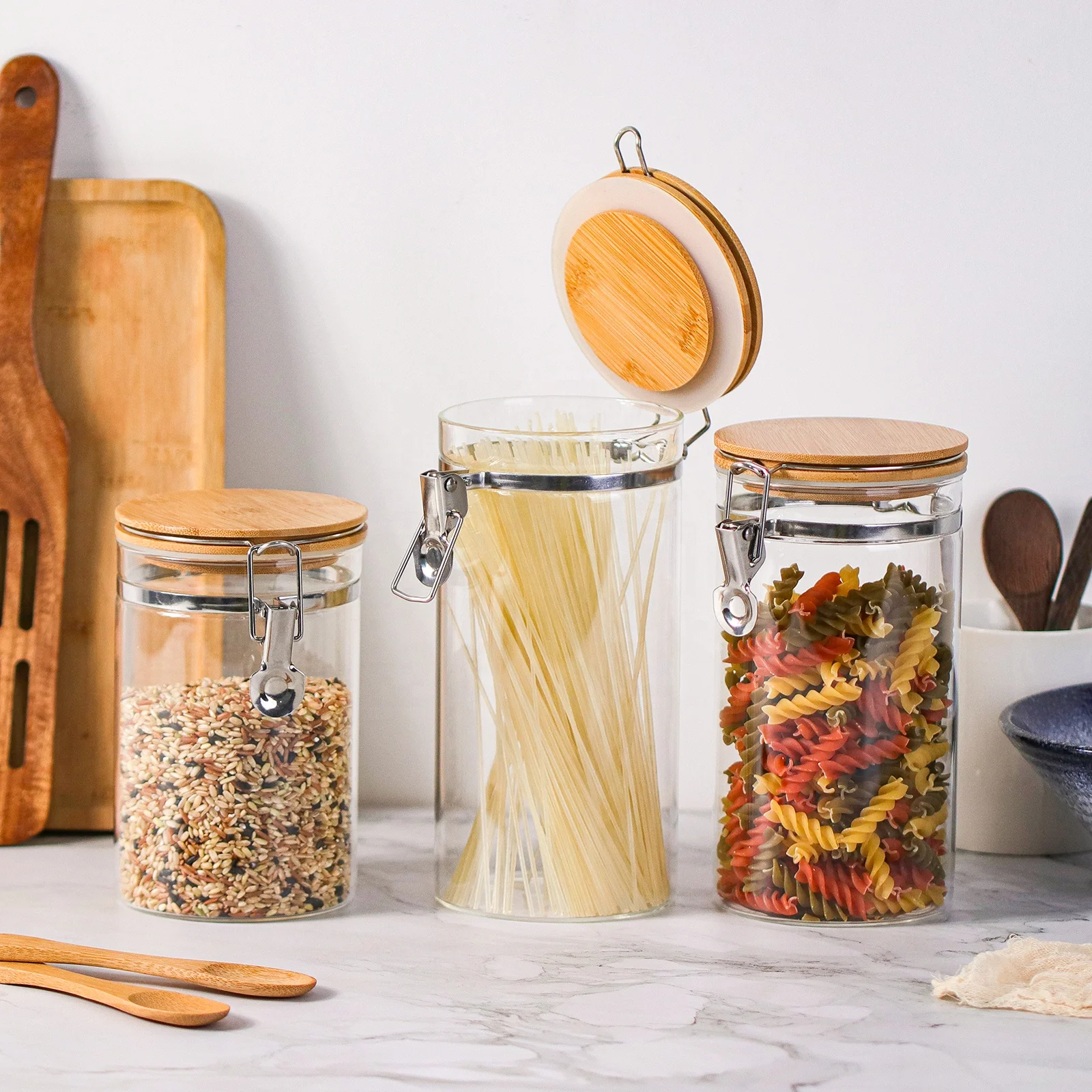 

Glass jar with bamboo lid glass storage bin with lock