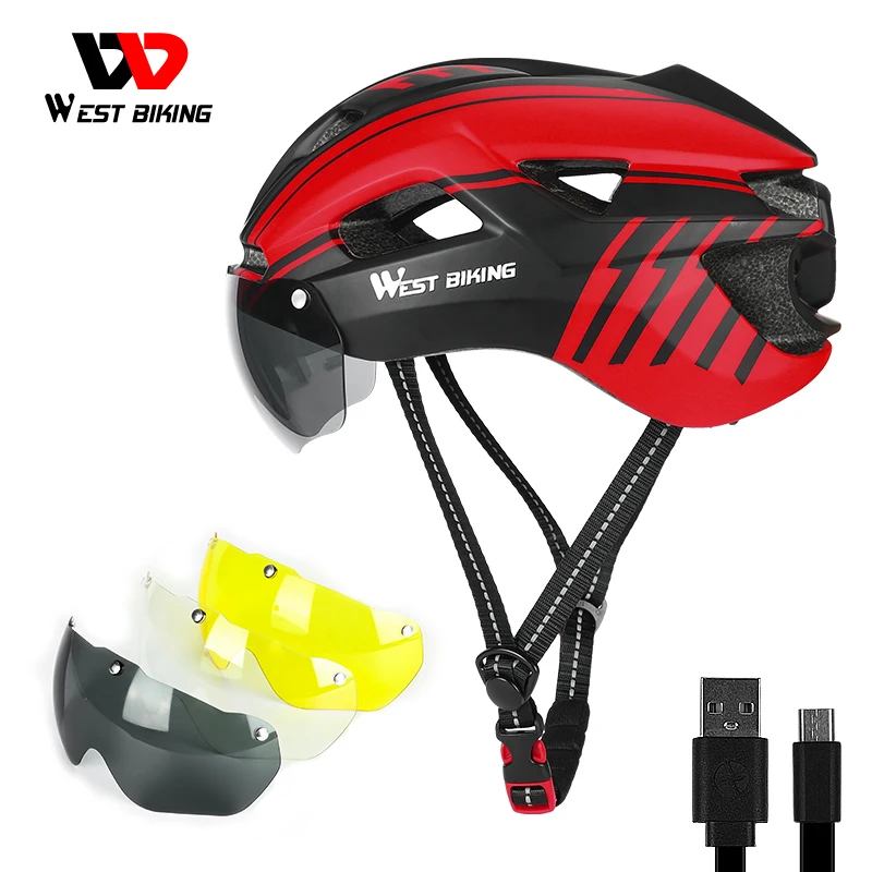 

WEST BIKING Usb Recharge Light Bicycle Helmet Cool Safety Motorcycle Helmet Adjustable Adult Personalized Motorcycle Bike Helmet, Black/red