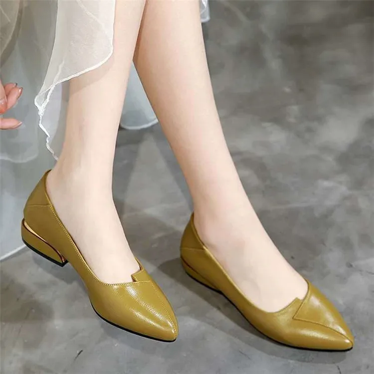 

Casual low heel women's shoes small leather shoes women pointed toe chunky heel Pumps, White, black, ginger