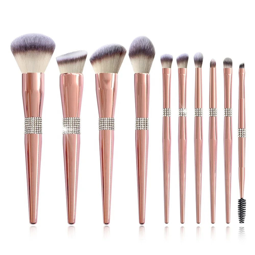 

10pcs Luxury Glitter Diamond Bling Makeup Brushes Rose Gold Brush Set With Rhinestone Brochas De Maquillaje Lujo, Rose gold, gold, pink, blue, silver