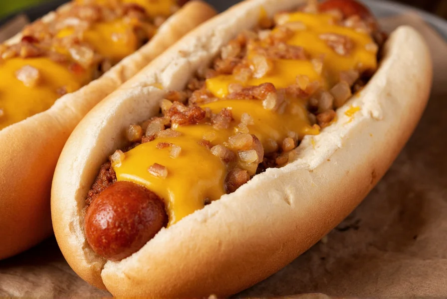Close-up of a classic chili dog with melted cheese, onions, and signature chili sauce on a steamed bun