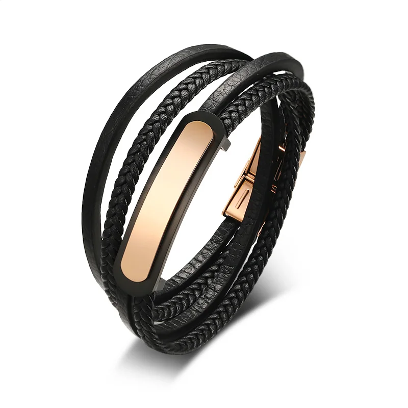 

2020 jewelry leather bracelet mens id bracelet with multilayer PU leather black and rose gold color, Picture