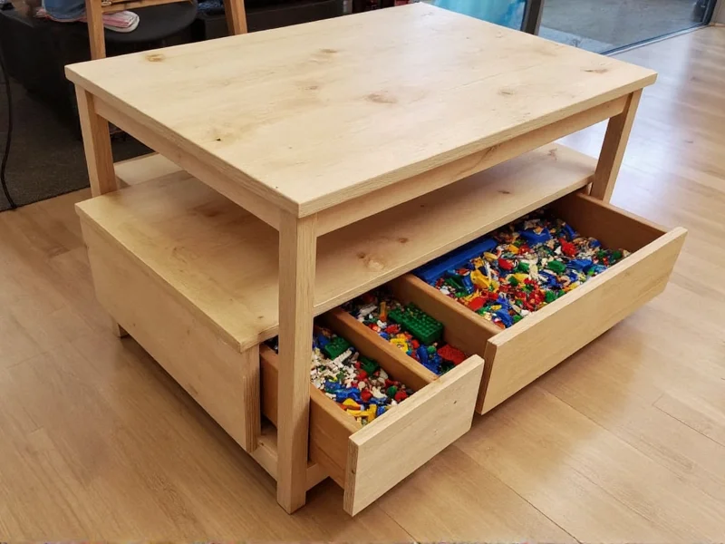 Custom wooden Lego table with integrated storage compartments