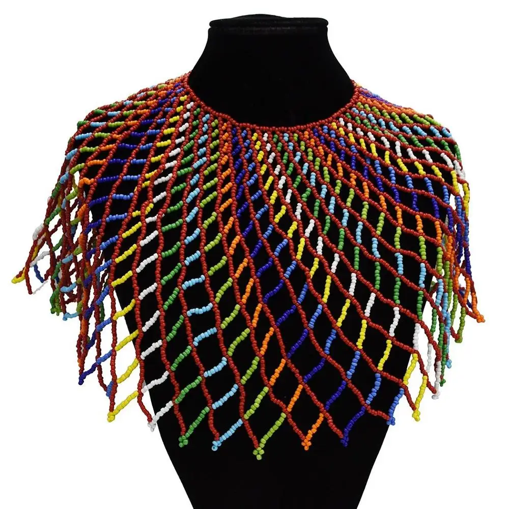 

Ruigang Zulu Beaded Necklace Handmade Big Colorful Resin Beads Statement Choke Collar Shawl Bohemian Party Jewelry