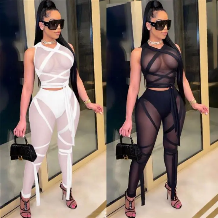 

MISSMOEN Best Seller 2021 Sexy Mesh Bandage Solid Women Clothing Two Piece Pants Set