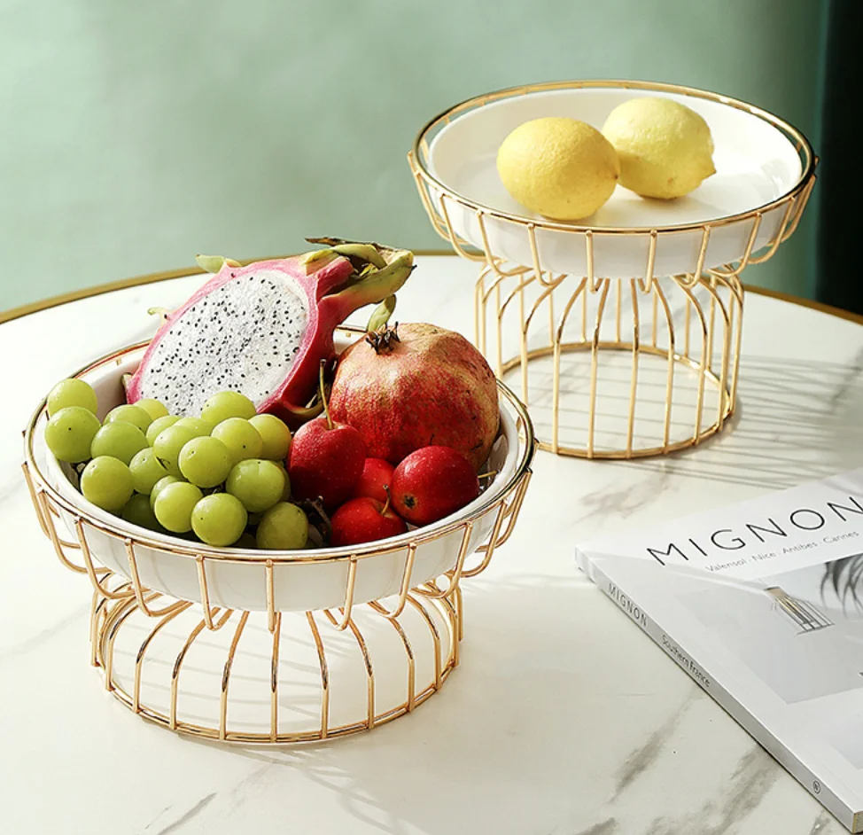 

Nordic simple dry fruit tray light luxury home tea table snacks high-grade iron art tray creative dry fruit tray basket, White / green