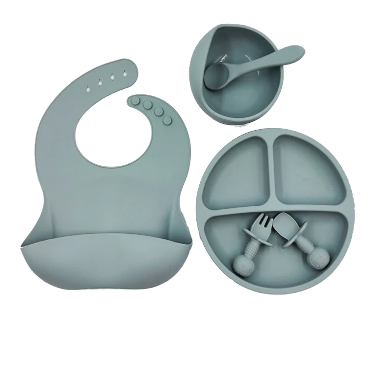 

Wholesale customized Baby Soft Bpa Free baby plates silicone with spoon and fork, Pink/blue/gray