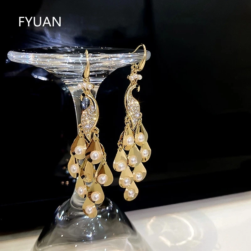 

Kaimei Long Tassel Rhinestone Earrings Weddings Party Jewelry Beautiful Golden Peacock Pearl Drop Earrings for Women, Many colors fyi