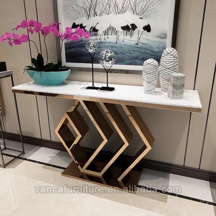 Lux Hotel Hall Console Side Table With Gold Stainless Steel Leg Modern