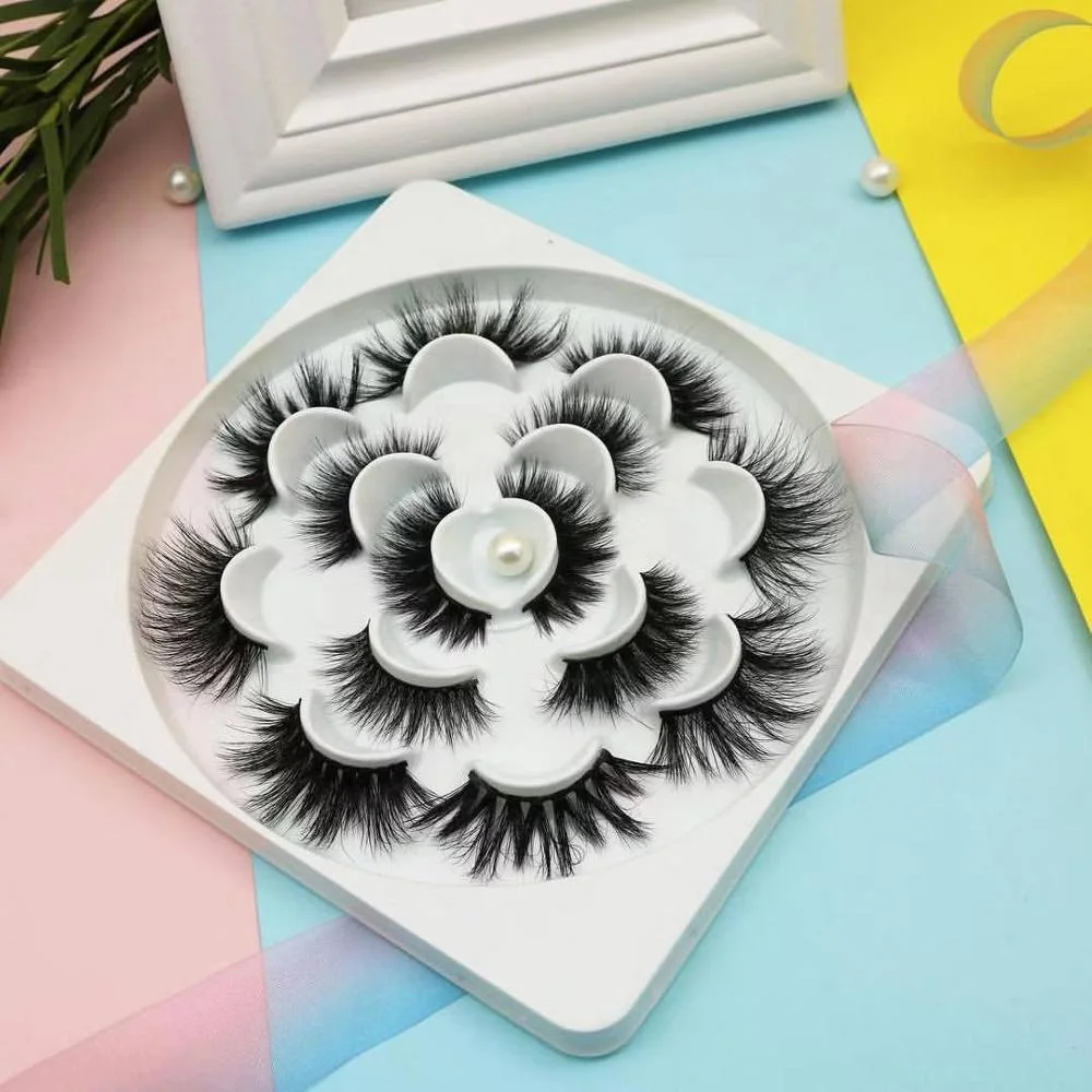 

Hot Selling 7 pairs lashes flowers white tray 3D Mink Lashes Handmade Natural Long Thick private label Mink eyelashes, Natural black