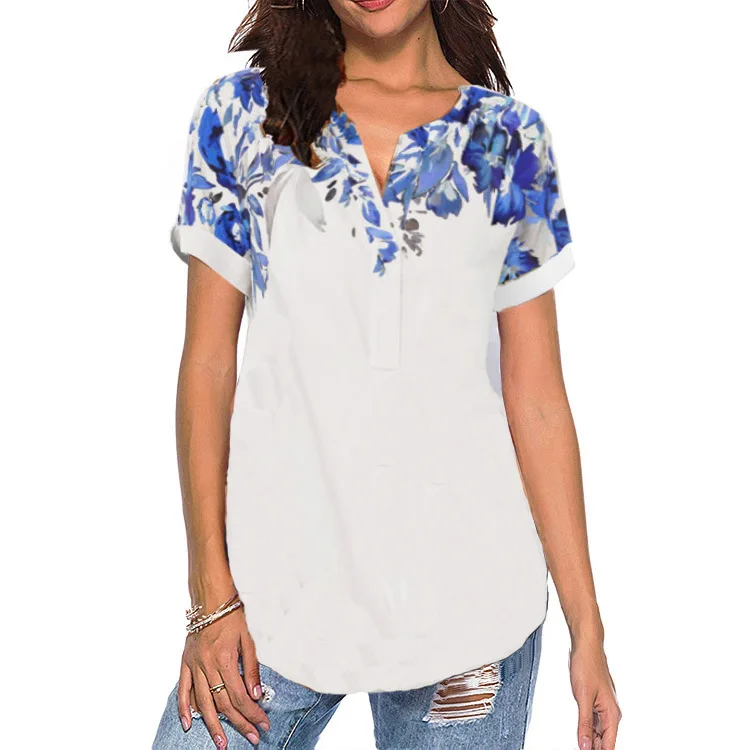 

2020 Summer New Fashion Floral V-Neck Women's T-shirts Short Sleeve Ladies' Blouse Plus Size Women Loose Tops, 5 colors