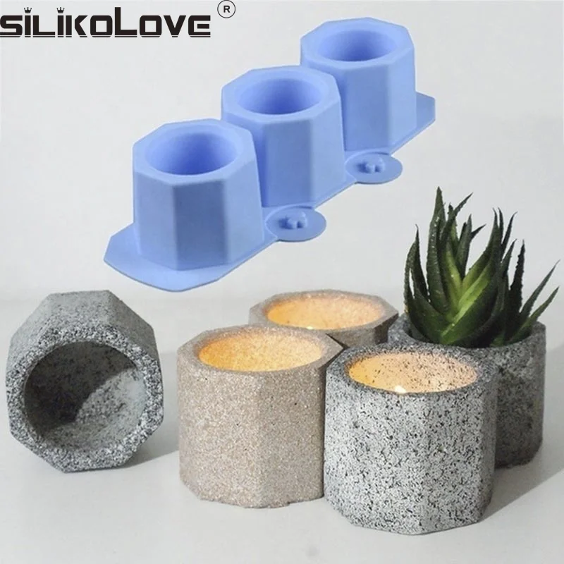 

3 Holes Round Geometric Polygonal Concrete Flower Pot Vase Mold Cactus Cement Molds Silicone DIY Aromatherapy Candle Decoration, As picture or as your request