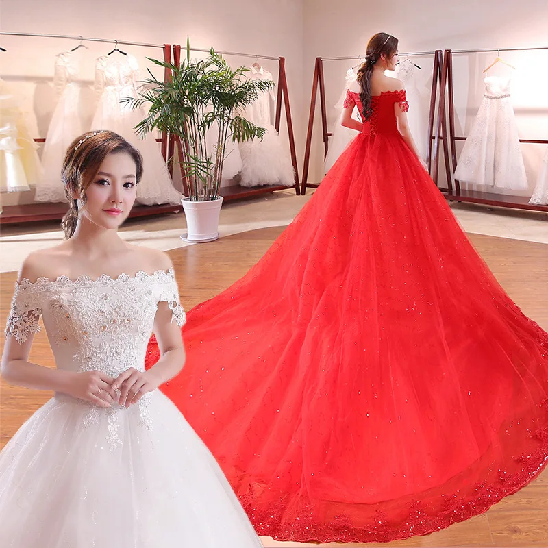 

2021 New Design Bridal Gown Lace-up Sweep Train Detachable Wedding Dress, White ,red