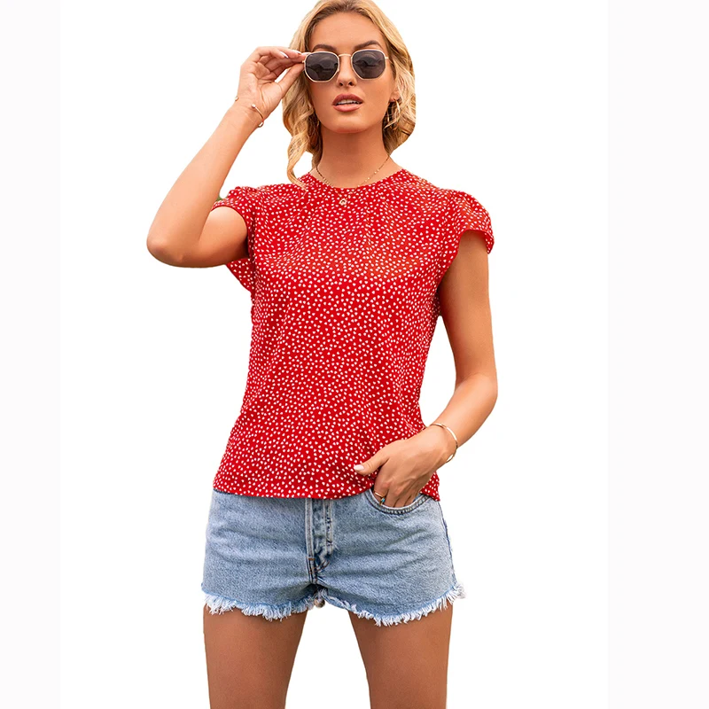 

New Arrival Round neck floral dot short sleeve top Woman Blouse, Black/red