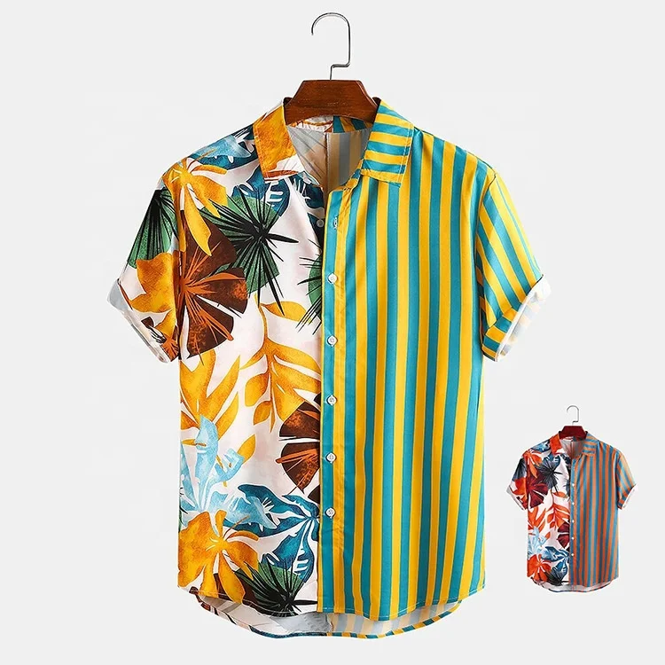 

Fashion Men Hawaiian Shirt Short Sleeve Print Striped Patchwork Summer 2021 Man Beach Shirt, As pictures or customized colors