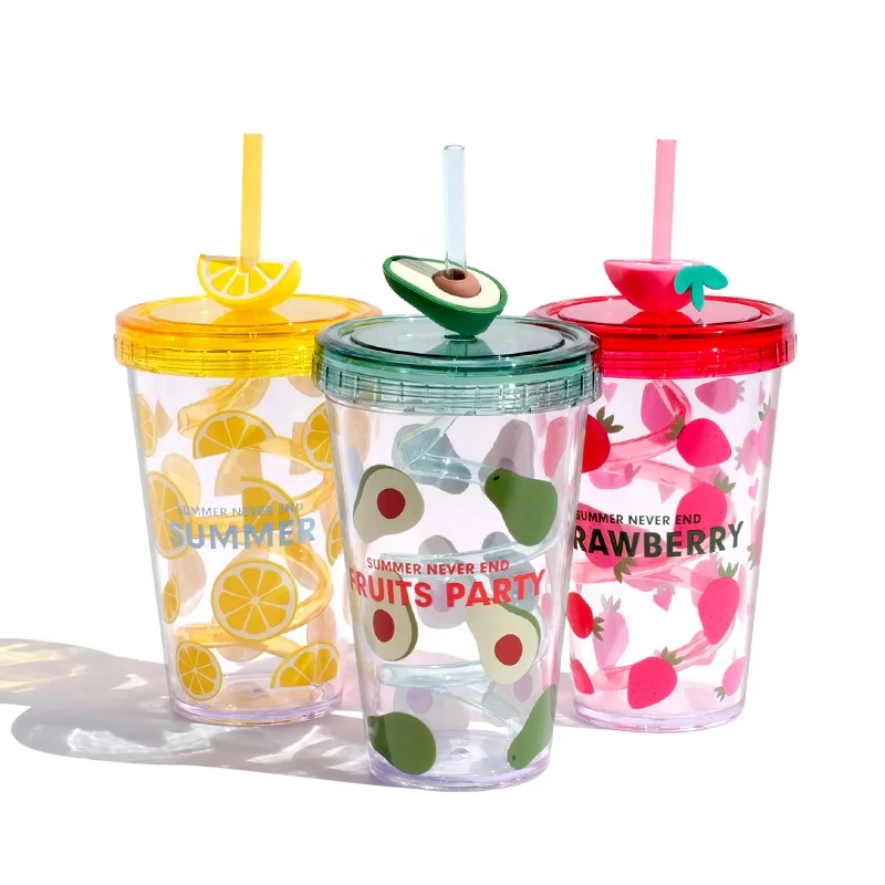

Girlwill Summer Plastic Cups With Rotating Straws and Silicone fruit Custom Logo Sublimation drink mugs wholesale Water Tumbler, Green & yellow & red
