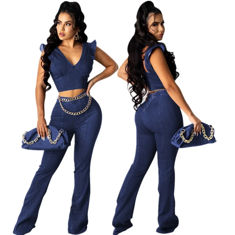 

MT71-859 Fashion women's high-flip-flop jean v-neck petal sleeve horn pantsuit two piece pants set women clothing