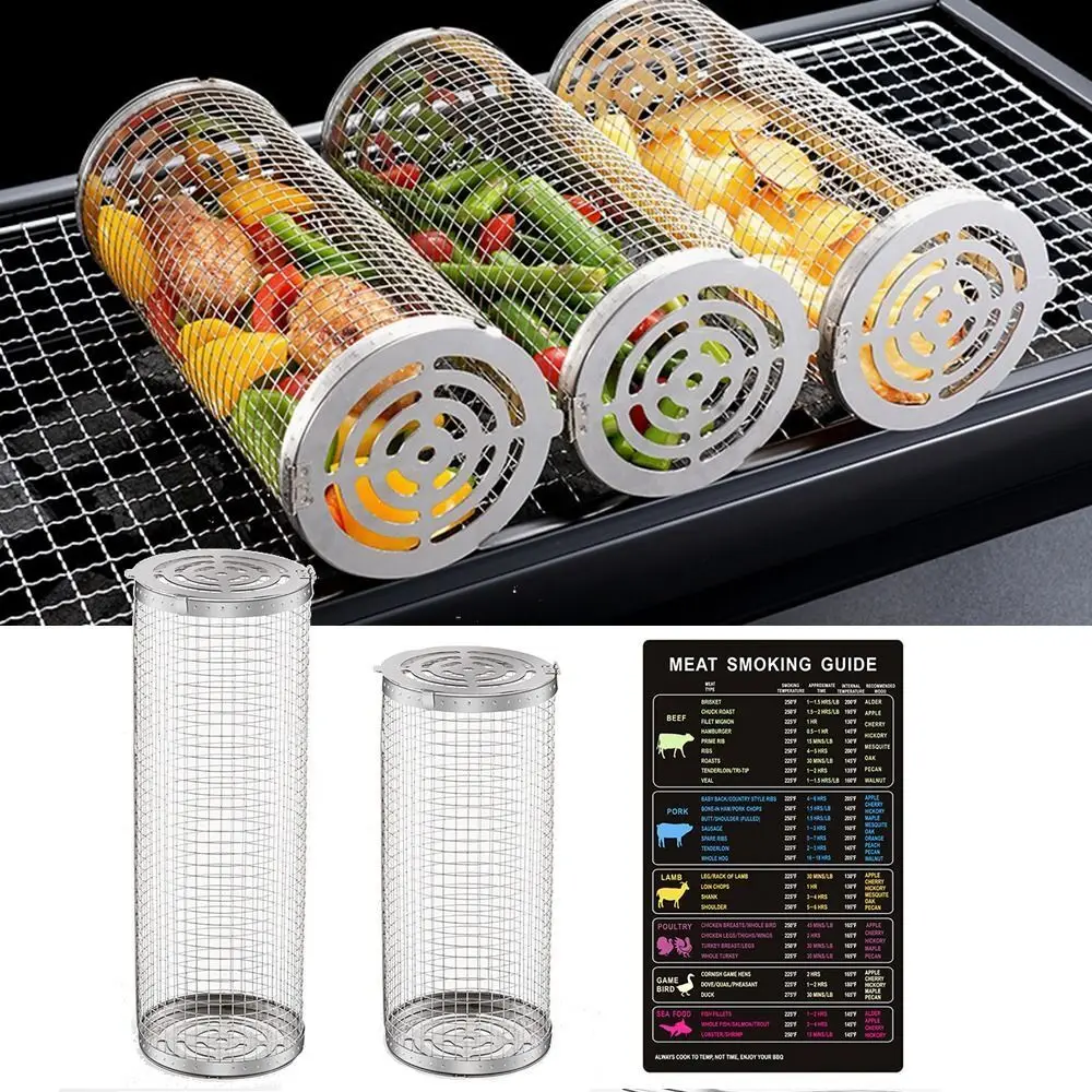 

2023 New Stainless Steel Wire Mesh Cylinder Grilling Basket Portable Outdoor Camping Barbecue Rack BBQ Rolling Grill Basket