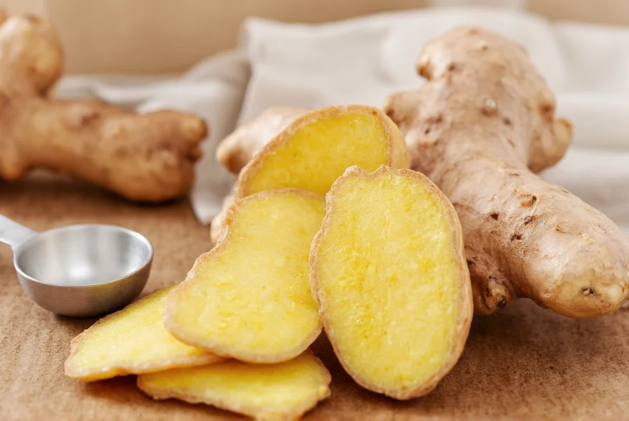 Fresh ginger root sliced open showing fibrous interior, placed next to a teacup and measuring spoon
