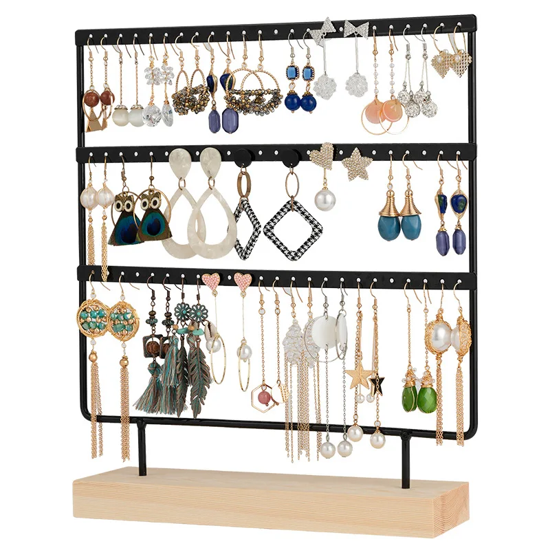 

Earring Stand Display Rack 3-Tier Holder Jewelry Wooden Base Metal Earring Display Stands, Black, white