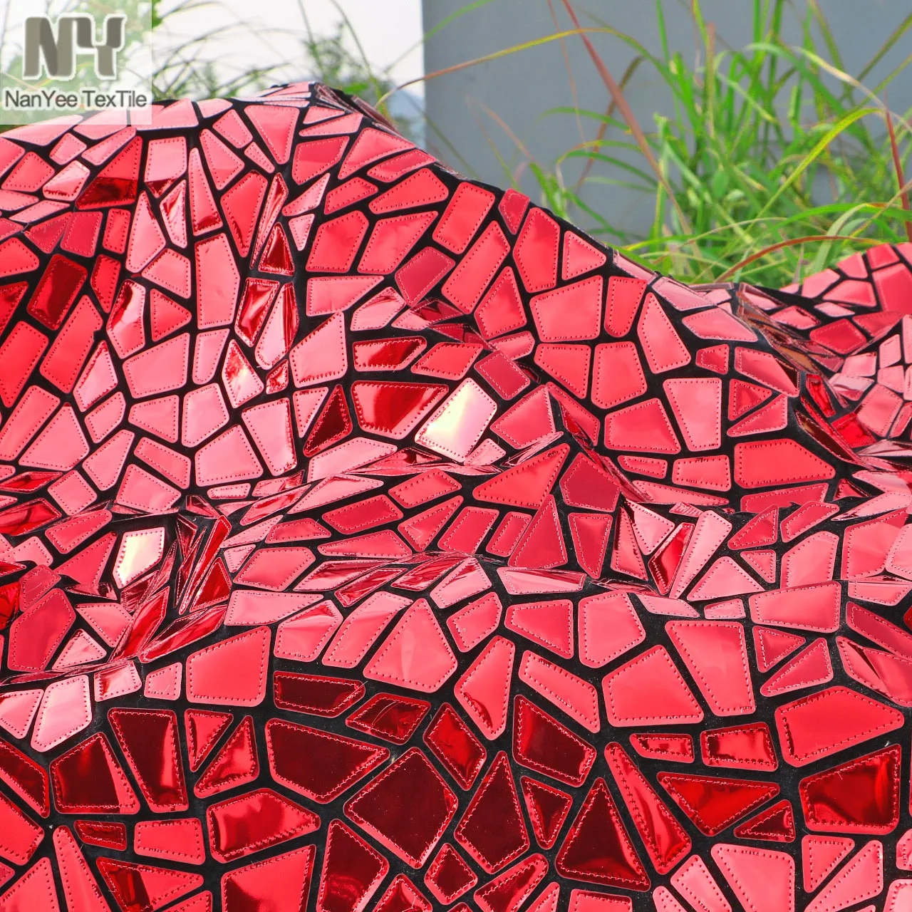 Nanyee Textile Metallic Block Texture Embroidered Big Red Sequin Velvet Fabric