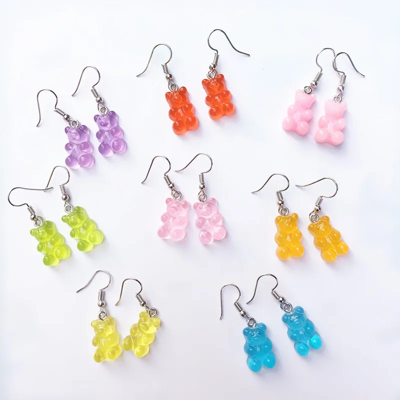 

New Fashion Cute Resin Jelly Bear Drop Earring Ombre Candy Color Gummy Bear Clip On Earrings For Girls Kids