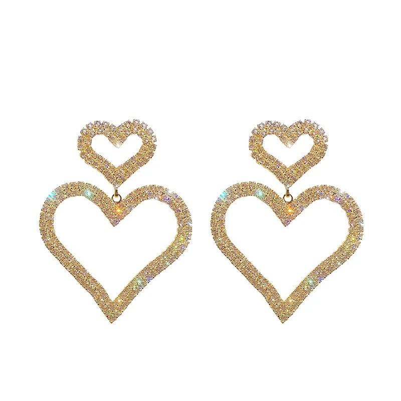 

New Fashion Bling Full Crystal Rhinestone Double Hollow Heart Earrings for Women 2021, Picture shows