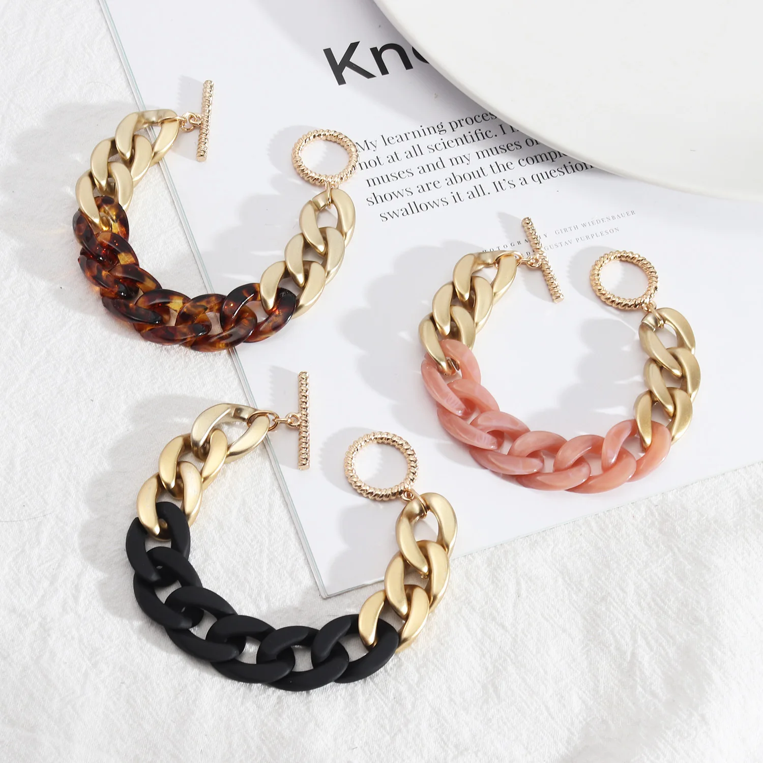 

Trendy Matte Alloy Resin Colorful Twist Chain Women Bracelet, Red,pink,amber,cyan,white,black