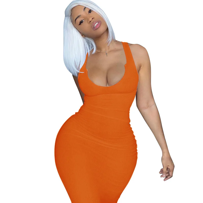 

2021 Spring Summer Knit Simple Round Neck Sleeveless Bodycon Maxi Elegant Women Solid Outfit Casual Party Long Dress, Customized color