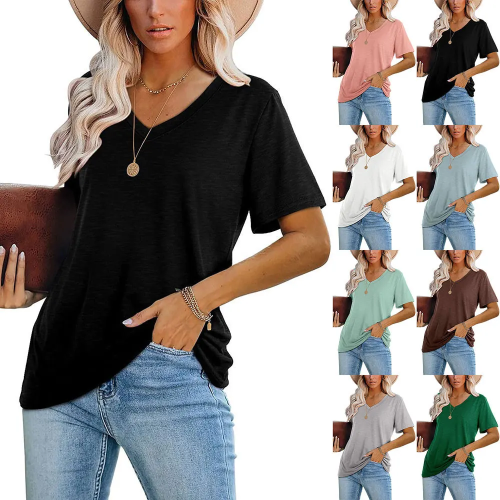 

Solid Color Women Short Sleeve T Shirts V Neck Plain Summer Tops