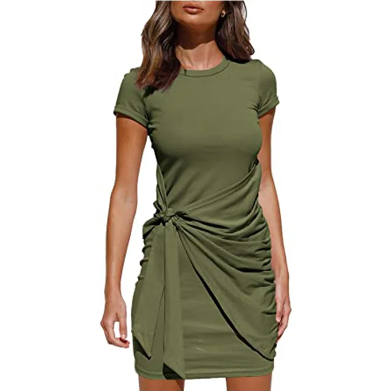 

2021Women's Summer Cotton T Shirt Dress Casual Short Sleeve Crewneck Bodycon Ruched Tie Waist Mini Dresses