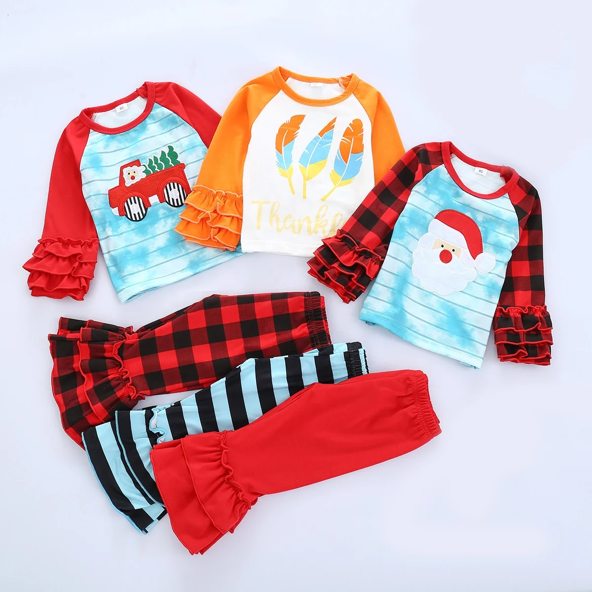 

2021 new arrivals kids raglan shirt ruffle pant outfits set children' wear santa printed red cute christmas children clothing