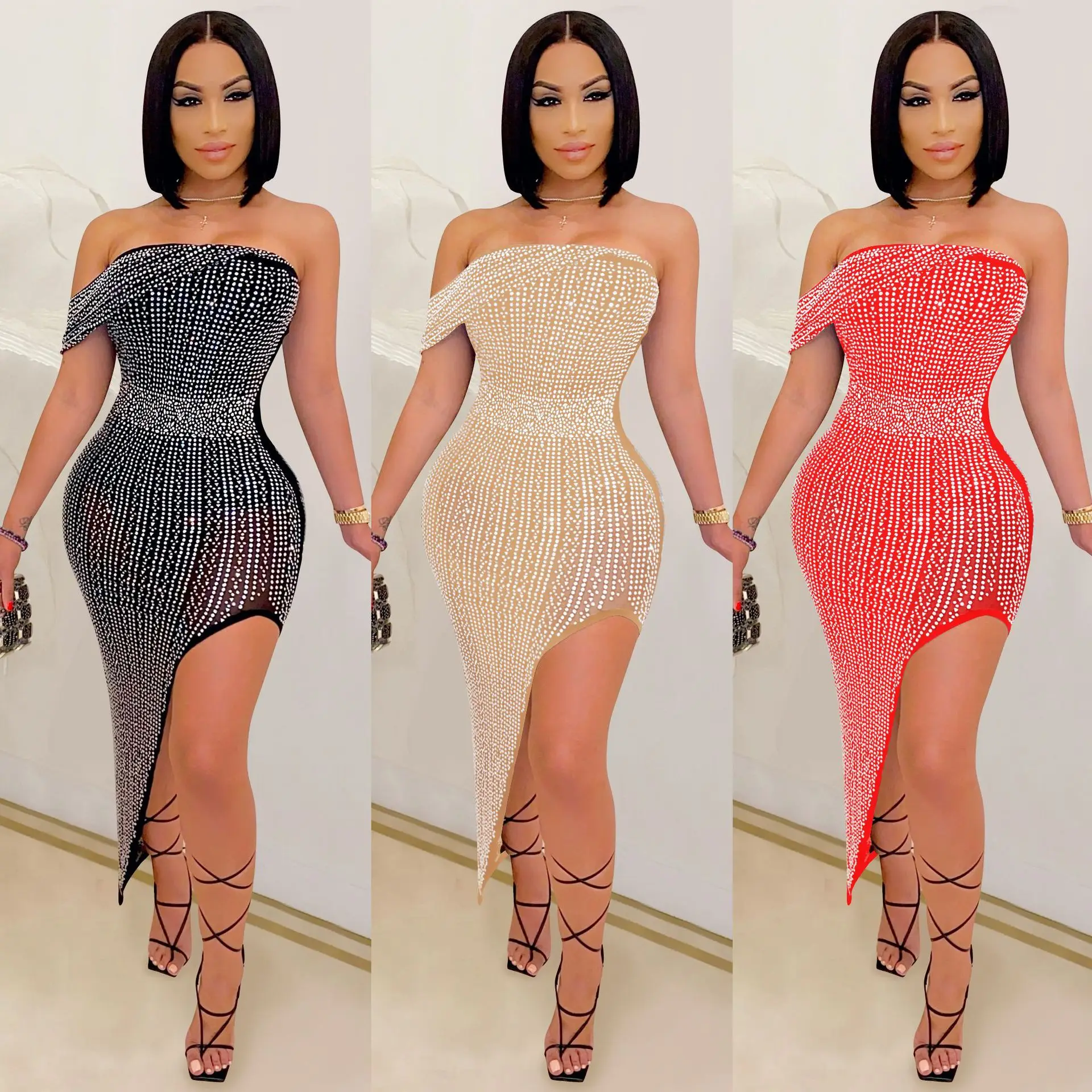 

M1853 - Fashion Sexy Mesh Strapless Rhinestones Asymmetric Backless Split Sleeveless Dresses Women