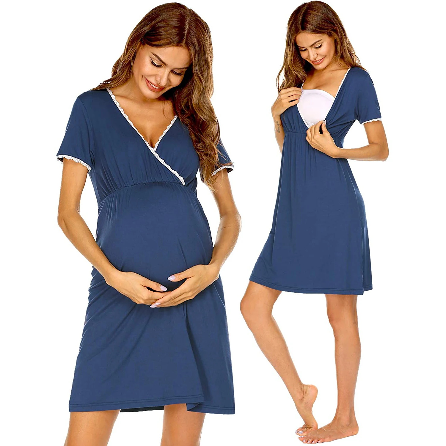 

Women 3 in 1 Delivery/Labor/Maternity/Nursing Nightgown Short Sleeve Pleated Breastfeeding Sleep Dress