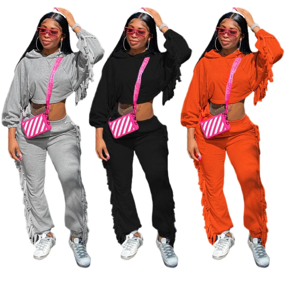 

Customized LOGO solid color women's hooded casual sports thick tassel suit jogging set women sweat suit set fall set HN057#, Picture