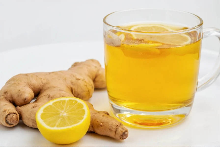 Fresh ginger root slices and lemon wedges in clear glass teapot with steam rising
